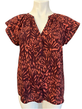 Evereve Calista Burgundy and Coral Button-Front Flutter Sleeve Top